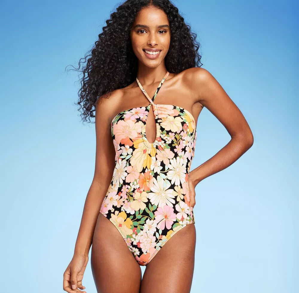 Shade & Shore Women's Halter Keyhole Bandeau One Piece Swimsuit Multi Floral Print Size S