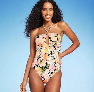Shade & Shore Women's Halter Keyhole Bandeau One Piece Swimsuit Multi Floral Print Size S