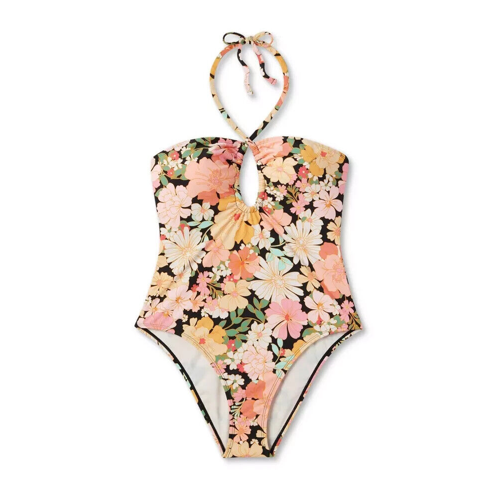 Shade & Shore Women's Halter Keyhole Bandeau One Piece Swimsuit Multi Floral Print Size S