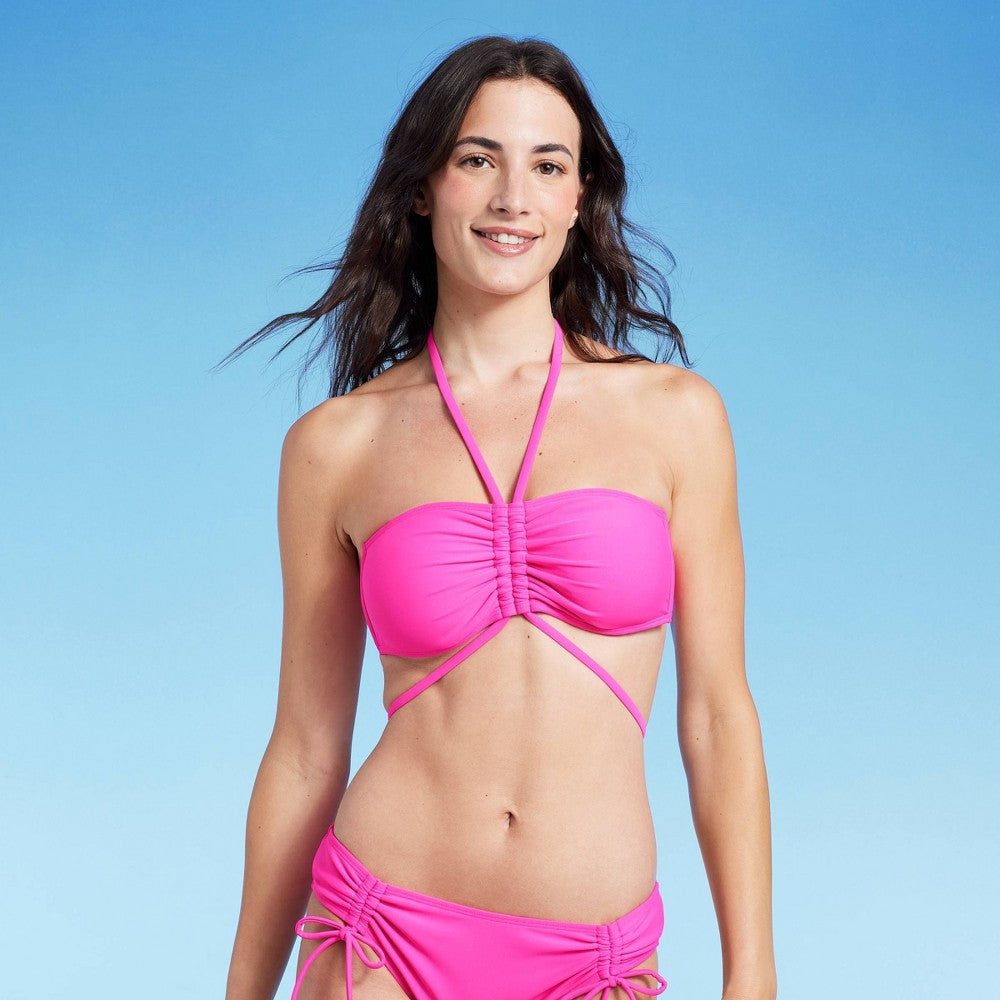 Shade & Shore Women's Strappy Halter Bandeau Bikini Top Pink Size S