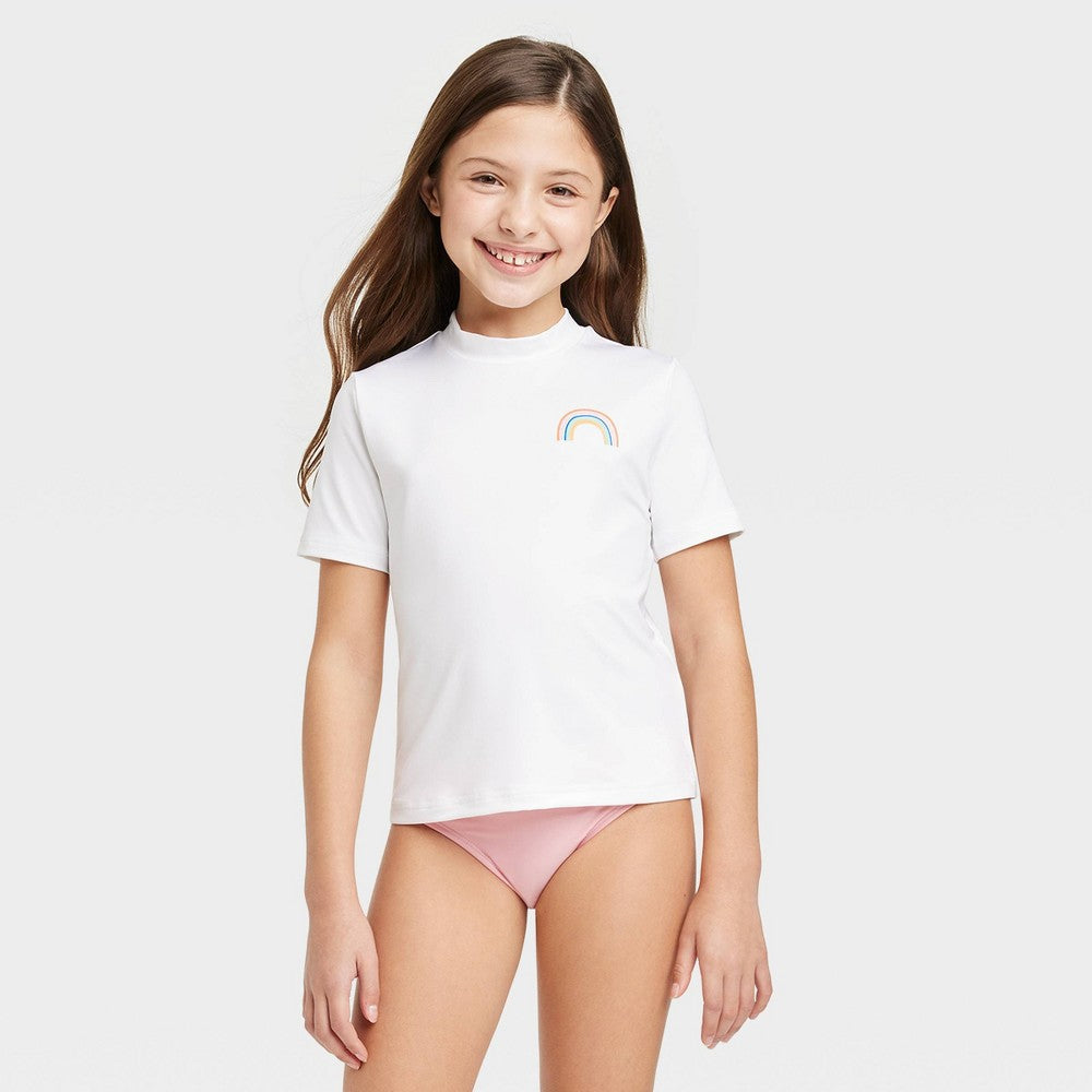 Cat & Jack Girls' Short Sleeve Rainbow Rash Guard Top White L