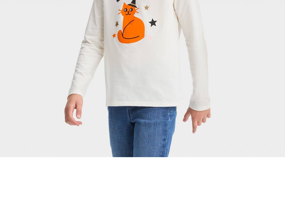 Cat & Jack Girls' Halloween Long Sleeve Graphic T-Shirt Cream Size S