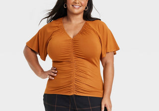 Ava & Viv Women's Flutter Short Sleeve Cinched Knit Top Bronze Size 2X