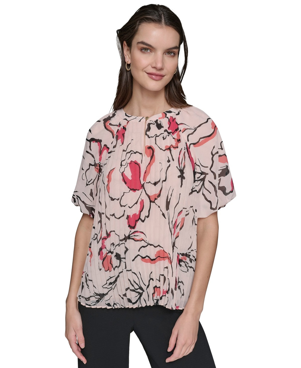 Karl Lagerfeld Paris Womens Printed Chiffon Pleated Blouse Pearl Blush