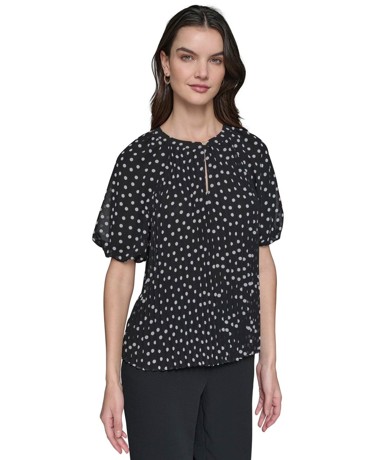 Karl Lagerfeld Paris Womens Printed Chiffon Pleated Blouse Black White