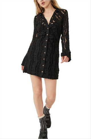 Free People Women's Shayla Long Sleeve Lace Mini Shirtdress Black Size Medium