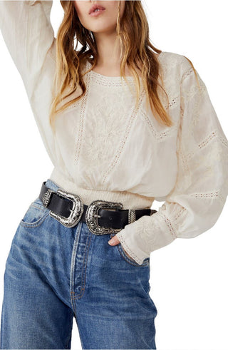 Free People Women's Lucky Me Embroidered Lace Trim Top Brown Size Medium