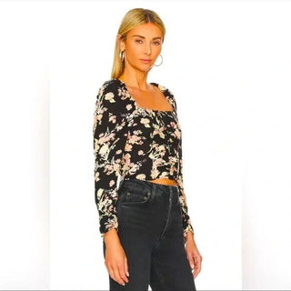Free People Women's Hilary Print Keyhole Neck Top Black Size Medium
