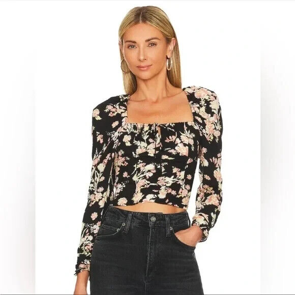 Free People Women's Hilary Print Keyhole Neck Top Black Size Medium