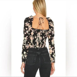 Free People Women's Hilary Print Keyhole Neck Top Black Size Medium