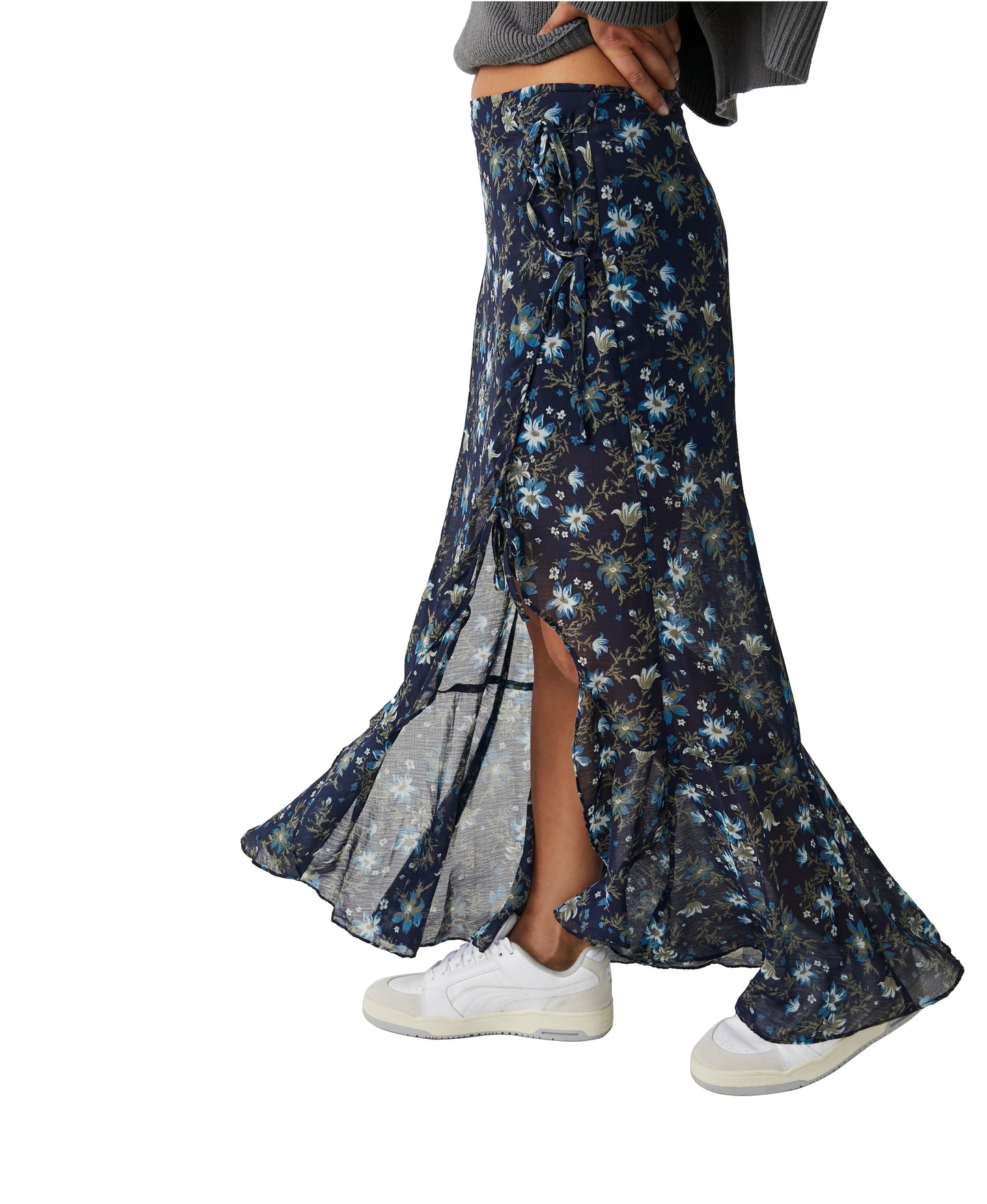 Free People Women's Edge Floral Side Tie Maxi Skirt Blue Size 2