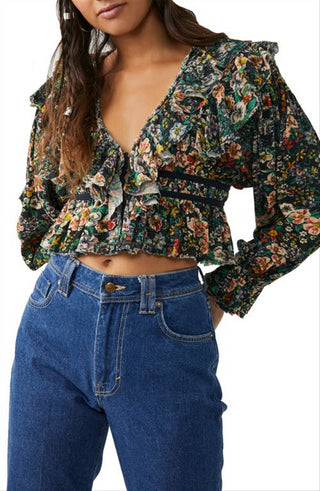 Free People Women's Rudi Printed Ruffle Crop Blouse Black Size Large