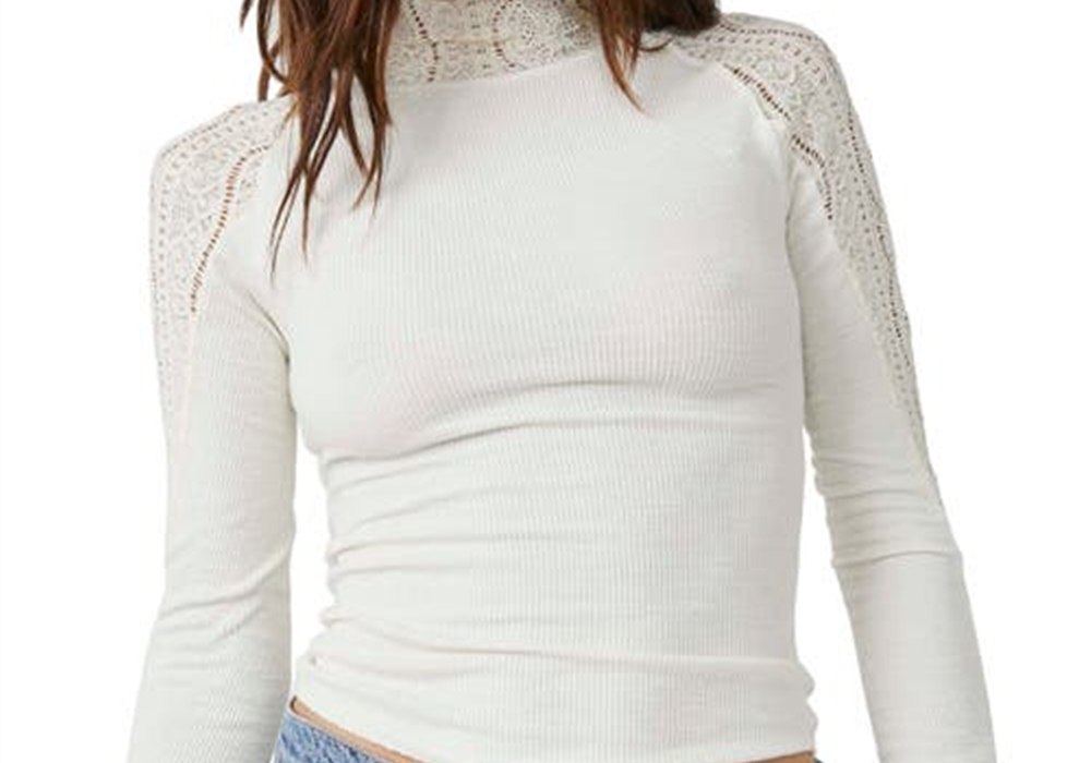 Free People White Lace Rib Top, Mock Neck, Size Large