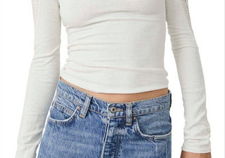 Free People White Lace Rib Top, Mock Neck, Size Large