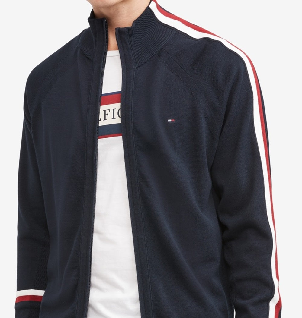 Tommy Hilfiger Men's Global Stripe Intarsia Full Zip Sweater Blue Size Medium