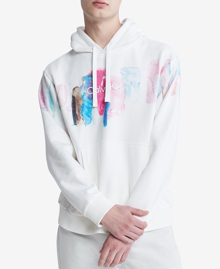 Calvin Klein Men's Long Sleeve Paint Splatter Graphic Logo Hoodie White Size Large