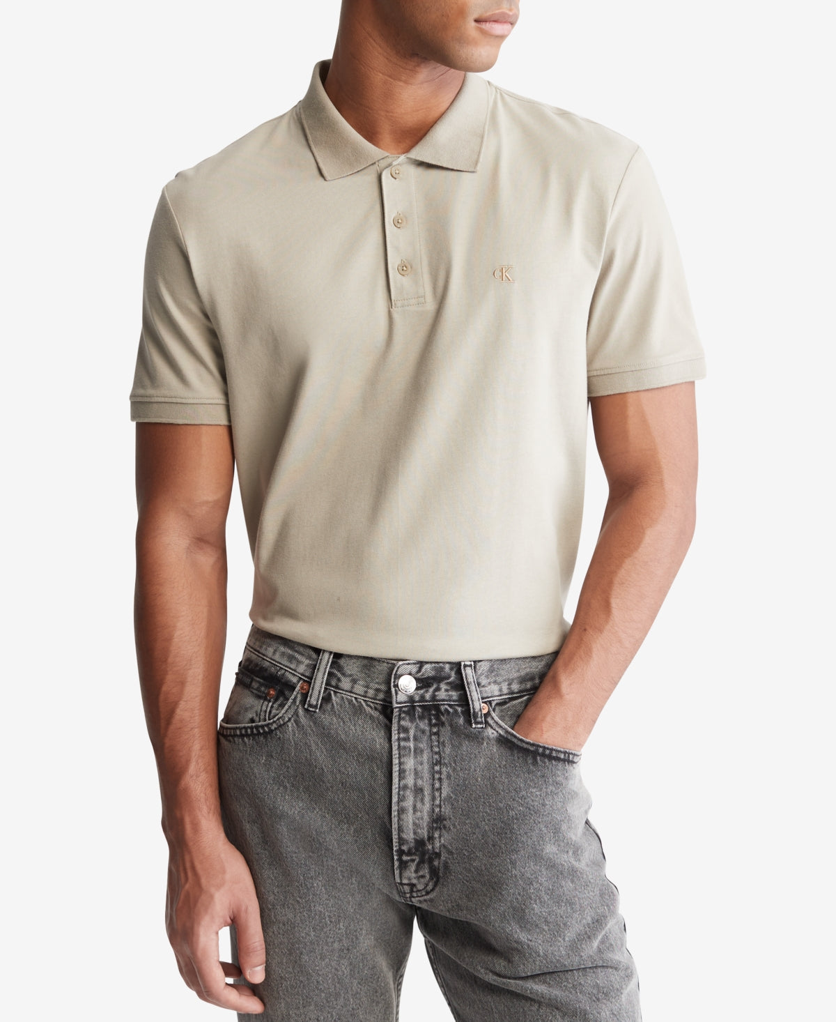 Calvin Klein Men's Regular Fit Smooth Cotton Monogram Logo Polo Shirt Beige Size Small