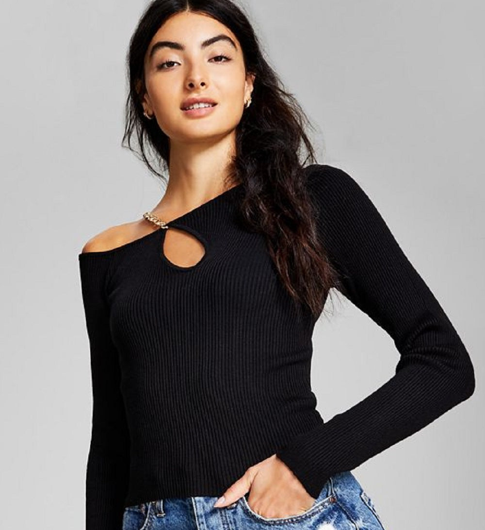 And Now This Women's Chain Cutout Long Sleeve Sweater Black Size X-Large