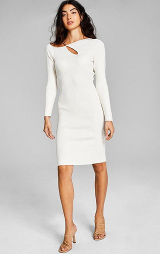 And Now This Women's Chain Cutout Long Sleeve Sweater Dress White Size Small