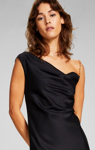 And Now This Women's Asymmetric Chain Strap Slip Dress Black Size X-Large