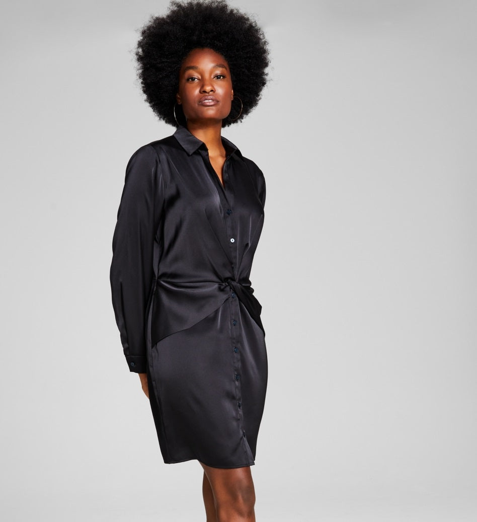 And Now This Women's Twisted Long Sleeve Shirtdress Black Size Large
