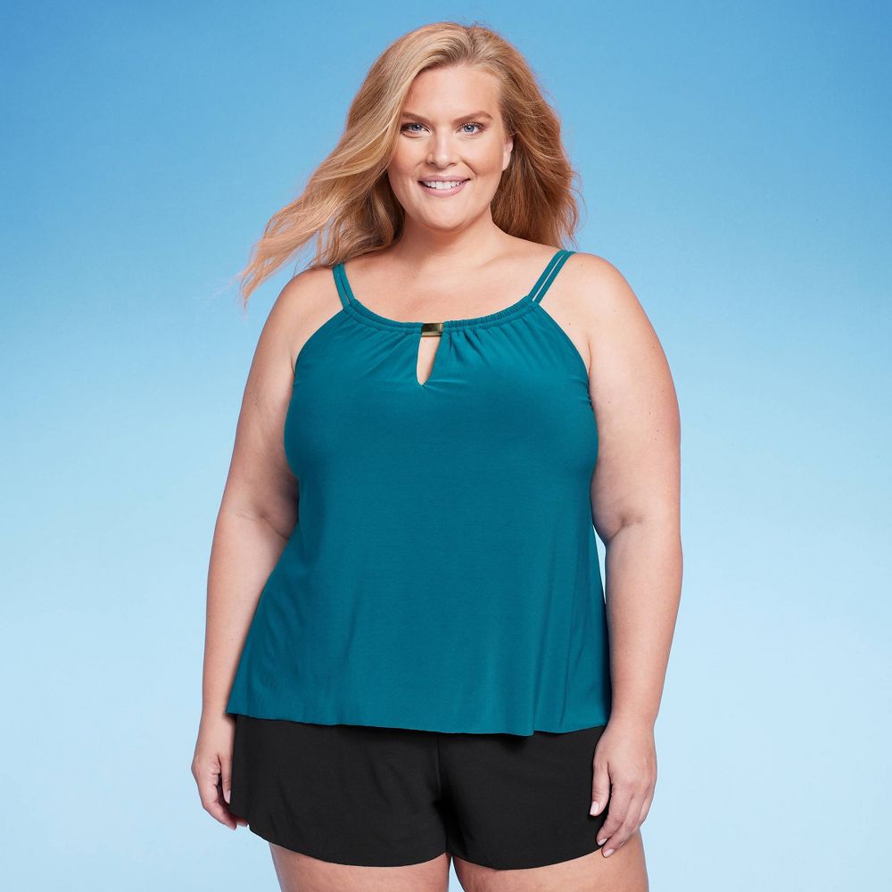 Aqua Green Women's UPF 50 High Neck Keyhole Tankini Top Turquoise Size M