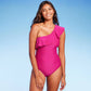 Kona Sol Women's Ruffle One Shoulder Full Coverage One Piece Swimsuit Pink Size M