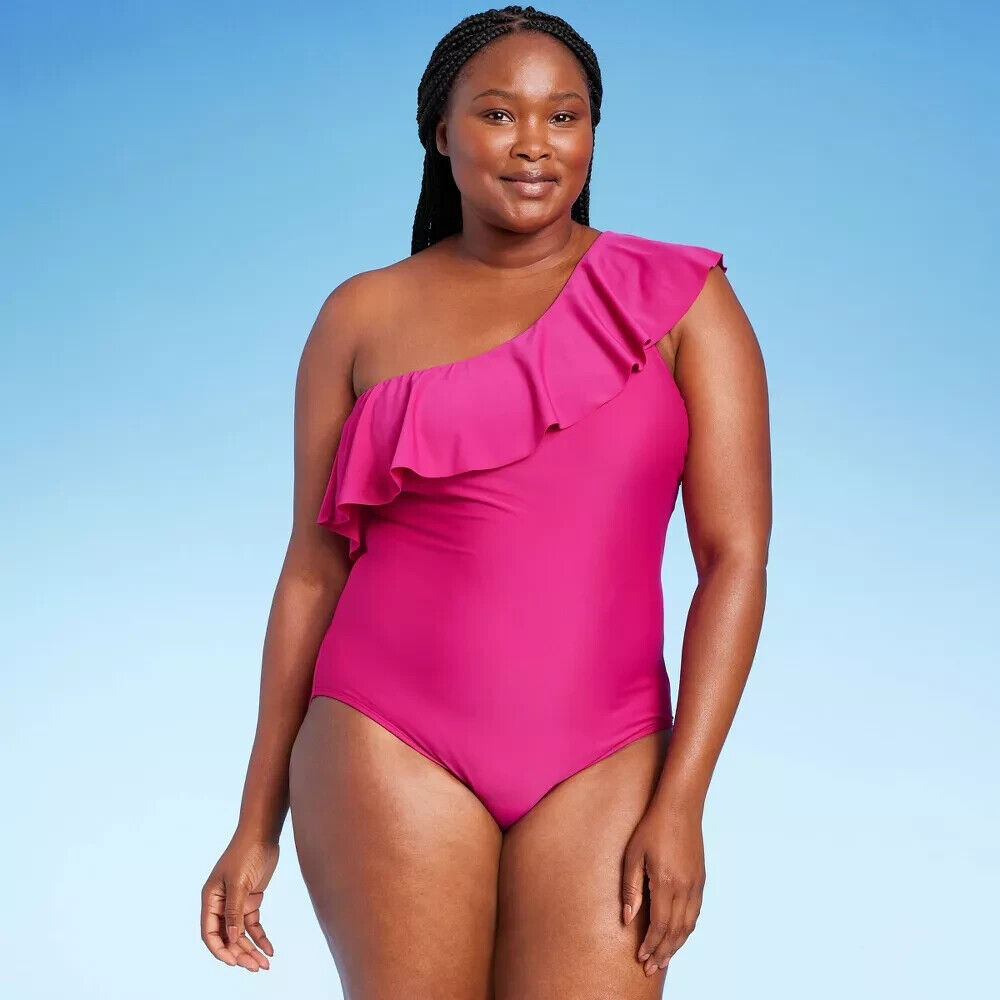 Kona Sol Women's Ruffle One Shoulder Full Coverage One Piece Swimsuit Pink Size S