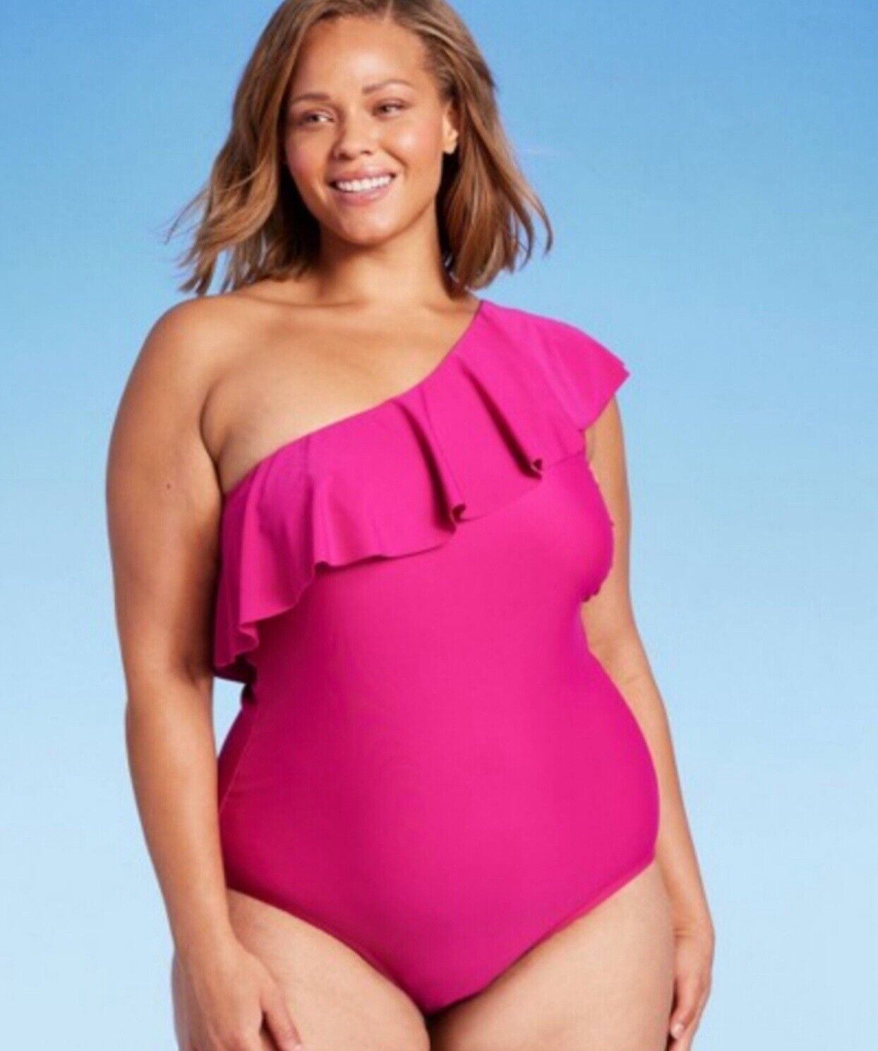 Kona Sol Women's Ruffle One Shoulder High Coverage One Piece Swimsuit Pink Size 18