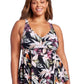 Kona Sol Women's Plunge V-Neck Strappy Back Tankini Top Black Floral Print Size 3X