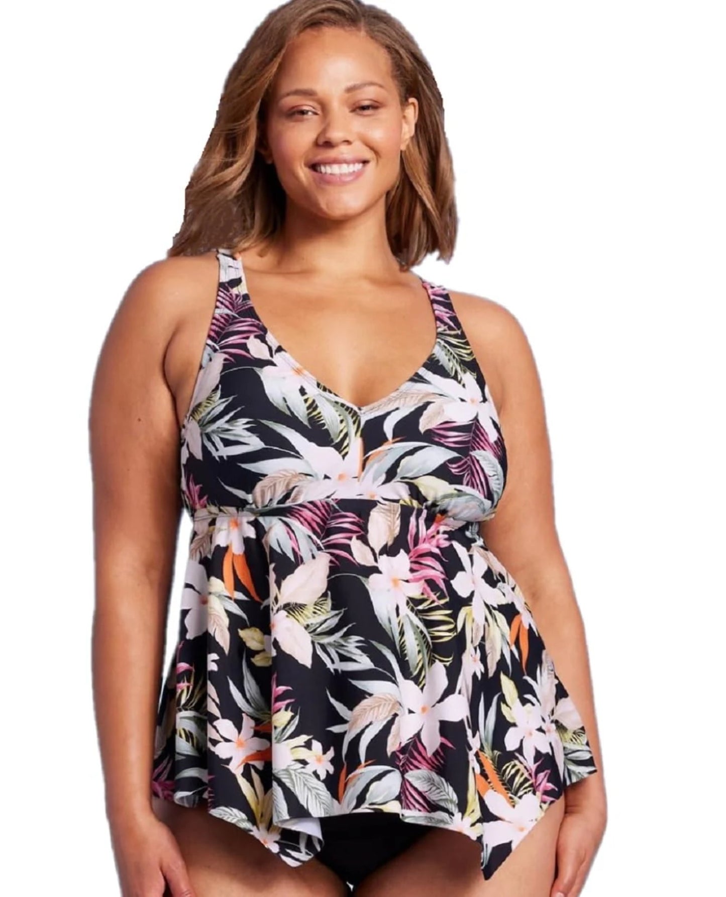 Kona Sol Women's Plunge V-Neck Strappy Back Tankini Top Black Floral Print Size 3X