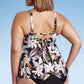 Kona Sol Women's Plunge V-Neck Strappy Back Tankini Top Black Floral Print Size 3X