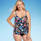 Women's Aqua Green Multi Floral UPF 50 V-Neck Tiered Tankini Top - Size S
