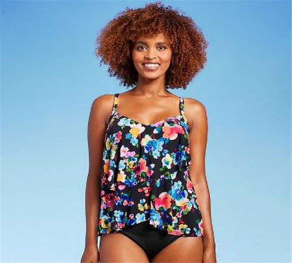 Women's Aqua Green Multi Floral UPF 50 V-Neck Tiered Tankini Top - Size S