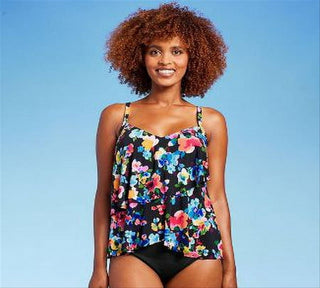 Women's Aqua Green Multi Floral UPF 50 V-Neck Tiered Tankini Top - Size S