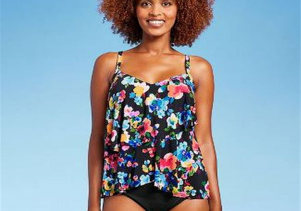 Women's Aqua Green Multi Floral UPF 50 V-Neck Tiered Tankini Top - Size S