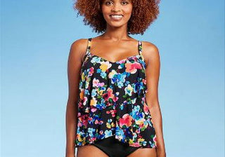 Women's Aqua Green Multi Floral UPF 50 V-Neck Tiered Tankini Top - Size S
