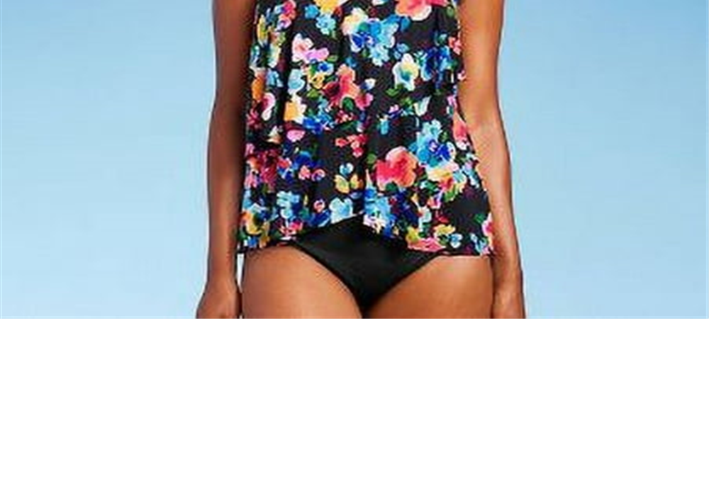 Women's Aqua Green Multi Floral UPF 50 V-Neck Tiered Tankini Top - Size S