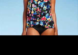 Women's Aqua Green Multi Floral UPF 50 V-Neck Tiered Tankini Top - Size S