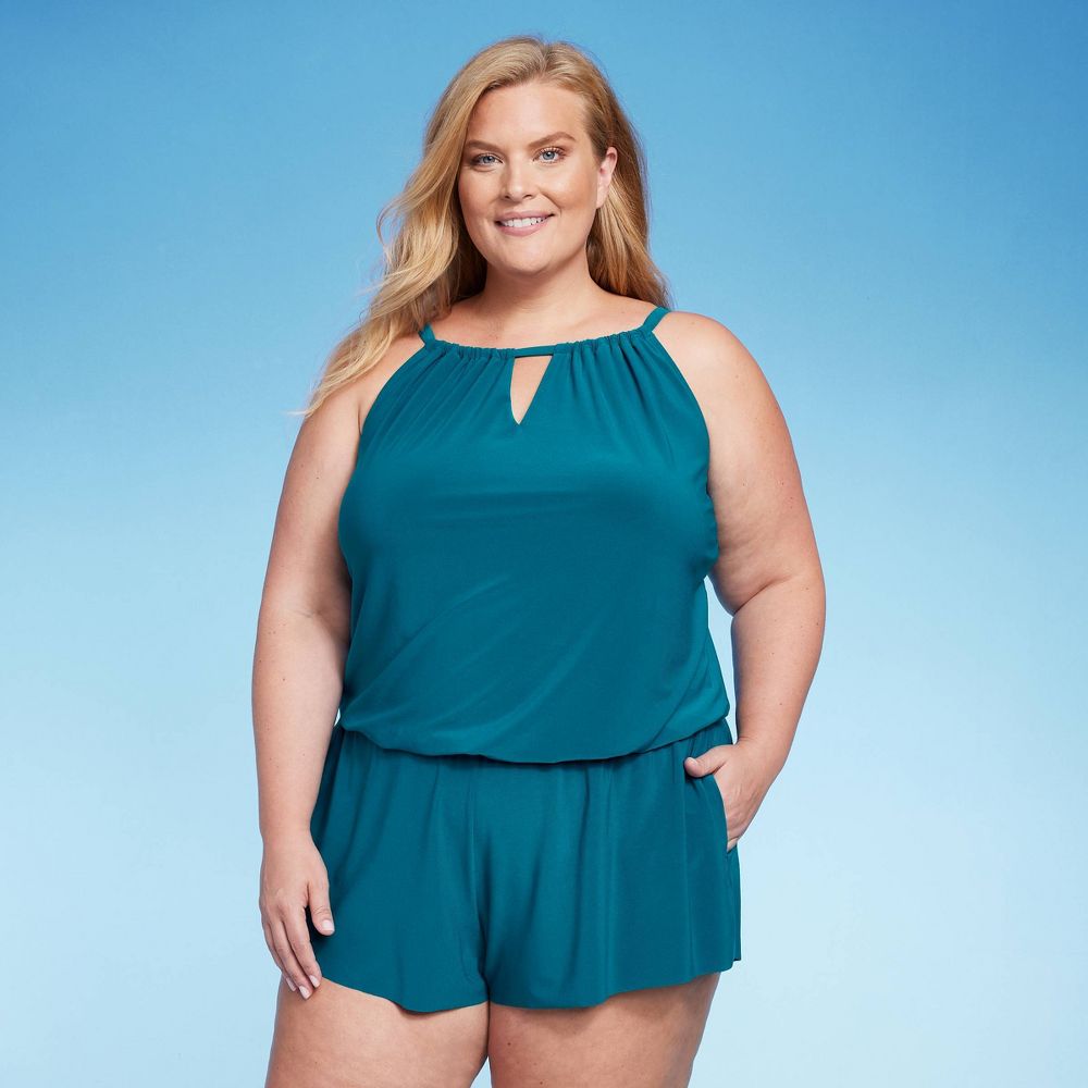 Aqua Green Women's UPF 50 High Neck Swim Romper with Pockets One Piece Swimsuit Teal Green Size 16