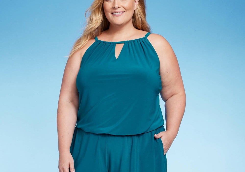 Aqua Green Women's UPF 50 High Neck Swim Romper with Pockets One Piece Swimsuit Teal Green Size 24