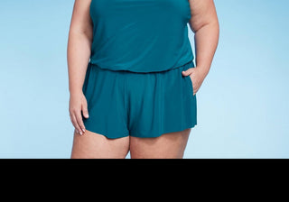 Aqua Green Women's UPF 50 High Neck Swim Romper with Pockets One Piece Swimsuit Teal Green Size 24