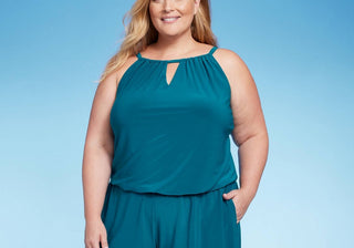 Aqua Green Women's UPF 50 High Neck Swim Romper with Pockets One Piece Swimsuit Teal Green Size 24