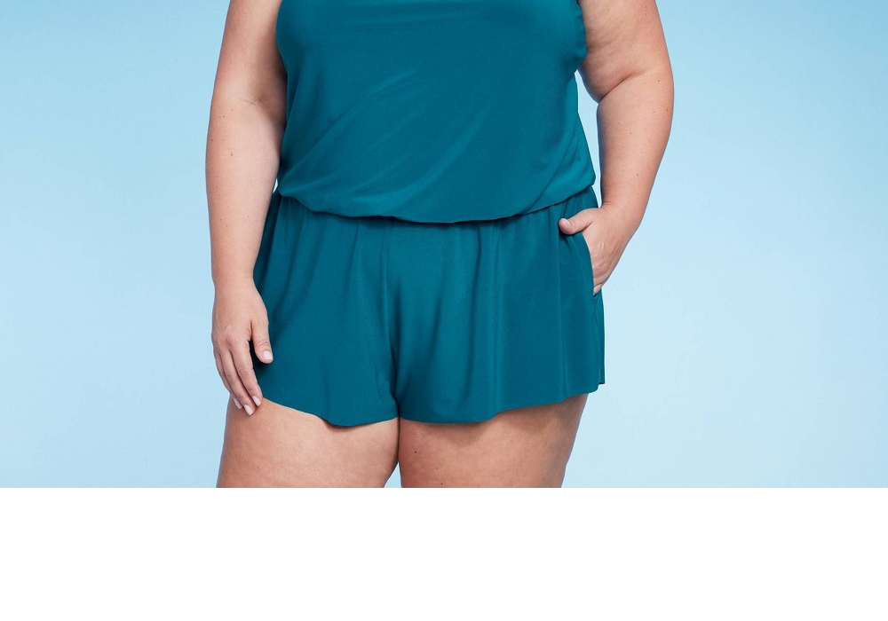 Aqua Green Women's UPF 50 High Neck Swim Romper with Pockets One Piece Swimsuit Teal Green Size 24