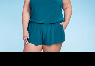 Aqua Green Women's UPF 50 High Neck Swim Romper with Pockets One Piece Swimsuit Teal Green Size 24