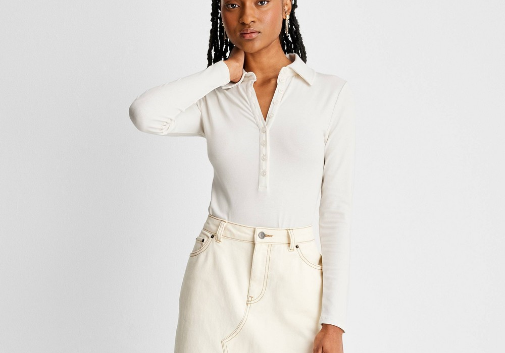 Future Collective Women's Henley Bodysuit - Off-White, Long Sleeve, Size L with Reese Blutstein