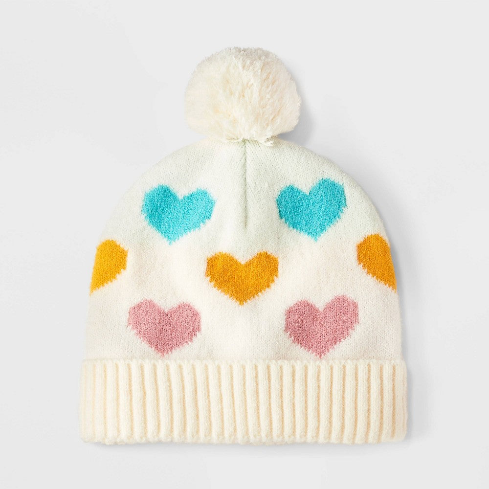 Cat & Jack Girls Cream Heart Jacquard Beanie One Size