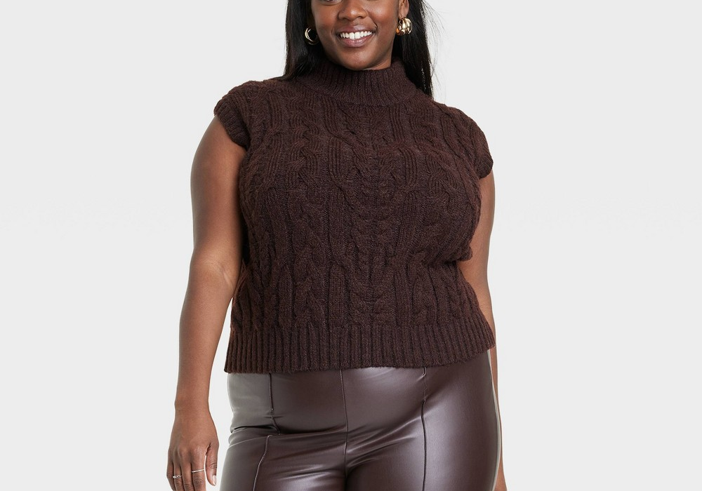 A New Day Women's Cropped Sweater Vest with Mock Turtleneck Dark Brown Size XXL
