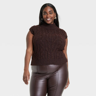 A New Day Women's Cropped Sweater Vest with Mock Turtleneck Dark Brown Size XXL