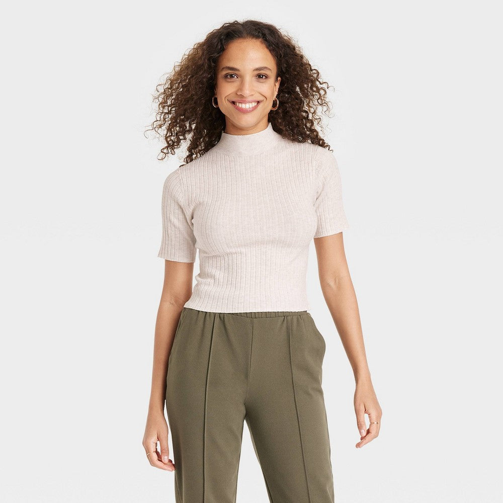 A New Day Women's Mock Turtleneck Ribbed Sweater Oatmeal Size M